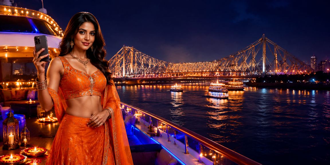 Kolkata Howrah Bridge with festive mobile gaming players enjoying online casino