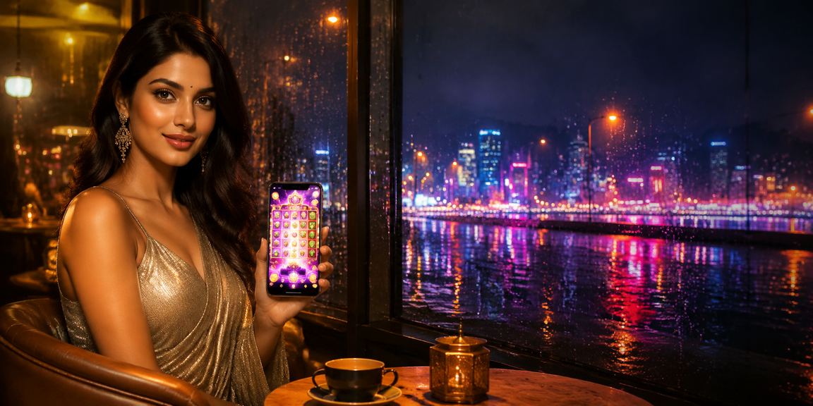 Bright neon-lit Mumbai slot game representing online lottery and slots entertainment